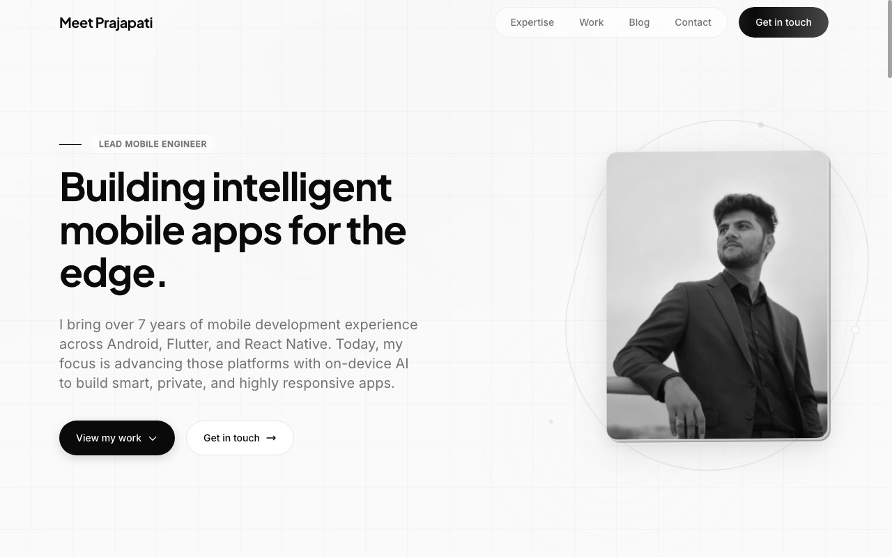 The Meet Prajapati portfolio homepage, showing the headline “Building intelligent mobile apps for the edge.” beside a portrait photograph of Meet Prajapati.