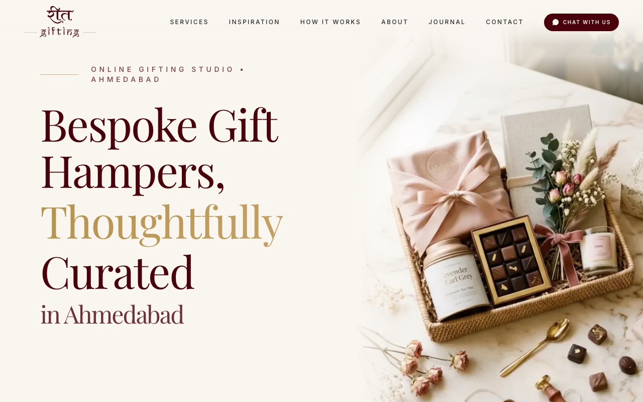 The Reet Gifting homepage, showing the headline “Bespoke Gift Hampers, Thoughtfully Curated in Ahmedabad” beside a photograph of a curated hamper.